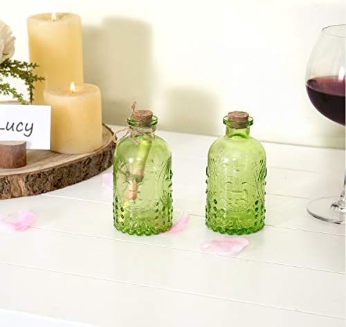 MyGift Vintage Embossed Green Glass Small Reed Diffuser Bottle with Cork Lid, Decorative Flower Bud Vase, Set of 2