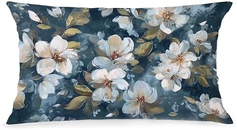 Vintage White Magnolia Floral Pillow Cover 12x20, Navy Blue Moody Cottagecore Wildflower Botanical Decorative Lumbar Pillow Cover for Couch Bed Living Room Bedroom