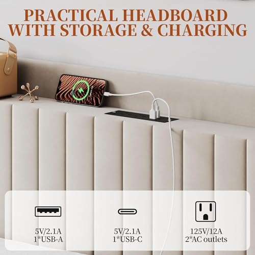 Yaheetech Full Bed Frame with Channel-Tufted Headboard, USB/AC Ports, Beige