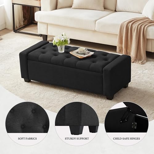 48" Ottoman with Storage, Black Storage Ottoman Bench with Safety Hinge