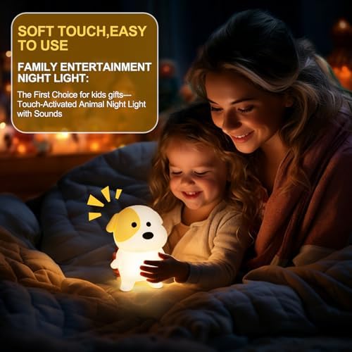 Puppy Night Light for Kids - Squishy Silicone Dog Lamp with Dimmable & 7 RGB Color Changing, Animal Sound, Rechargeable BPA-Free, Dog Nightlight Gift for Children/Teens/College Students