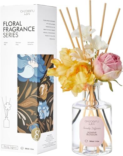 Chloefu Lan Flowers Reéd Diffuser for Girls Room Decor, 6.7oz with 9 Sticks, Jasmine Blossom Scent Diffusers for Home, Scentsy Home Fragrance, Scented Oils, Home & Bathroom Décor