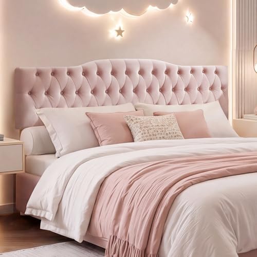 Iroomy Upholstered Queen Headboard, Button Diamond Tufted Headboard with Adjustable Height and Solid Wood Leg, Velvet Padded Headboards for Queen Size Bed, Modern Head Board, Pink