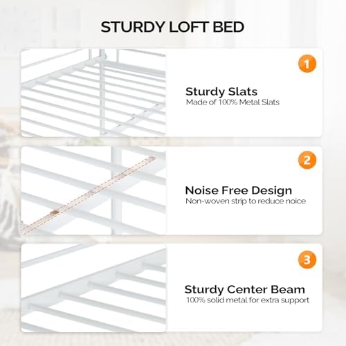 VINGLI Loft Bed Full Size with Flat Rungs for Adults, Kids and Young Teens, No Box Spring Required,Heavy Duty Metal Slat Support,White