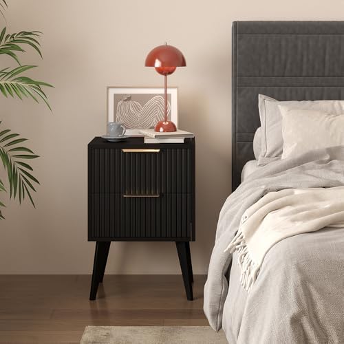 YAUKOMEL Fluted Nightstand with 2 Drawers,Black Bedside Table