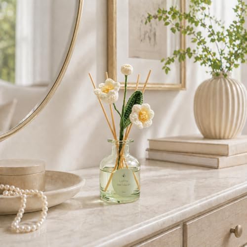 VANGIE Lily of the Valley Reed Diffuser for Home | Fresh Floral Scent | Elegant Glass Bottle with Handmade Flower | Long-Lasting, Vegan | Bedroom & Living Spaces