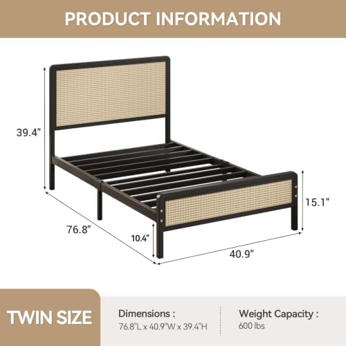 IMMERSTABLE Rattan Twin Bed Frame with Headboard, Boho Twin Metal Platform Bed Frame with Steel Slats, Under Bed Storage, Rounded Corners, No Box Spring Needed, Quiet Design, Easy Assembly, Black