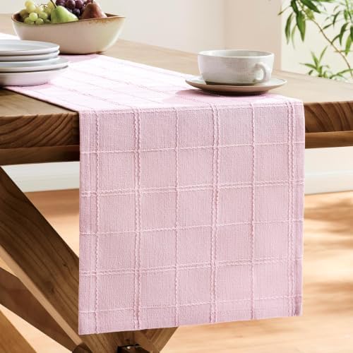 ZeeMart Linen Checked Farmhouse Table Runner, 13x48 Inches Pink