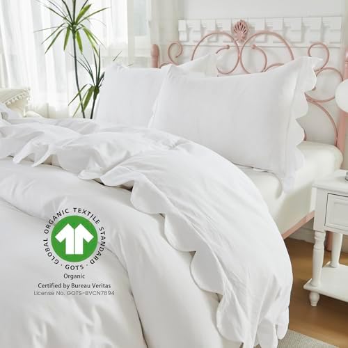Brandream Scalloped Edge Duvet Cover Full/Queen Size 100% Organic Cotton Kid's 3 Pieces Boys Girl Bedding Duvet Cover Shams Set, Delicate Scallop Fringe Solid Color Soft and Breathable (White)