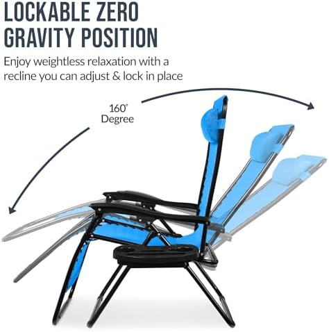 Best Choice Products Set of 2 Extra Wide Adjustable Steel Mesh Zero Gravity Lounge Chair Recliners w/Pillows and Cup Holder Trays - Light Blue