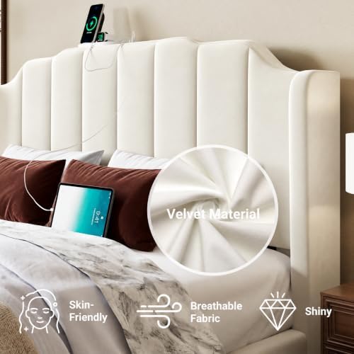 Allewie Vintage Full Size Velvet Platform Bed Frame, Cream White