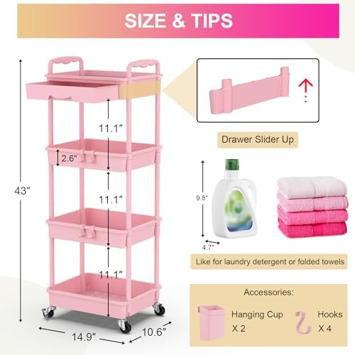 Goovilla 4 Tier Rolling Utility Cart Organizer with Removable Drawer, Pink