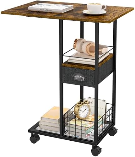 Rolling C-Shaped Side Table with Wheels and Oversized Wood Top, Mobile Overbed Stand with Drawer for Bed or Sofa, Metal Frame Couch Companion for Living Room, Bedroom, or Home Office (Large Desktop)