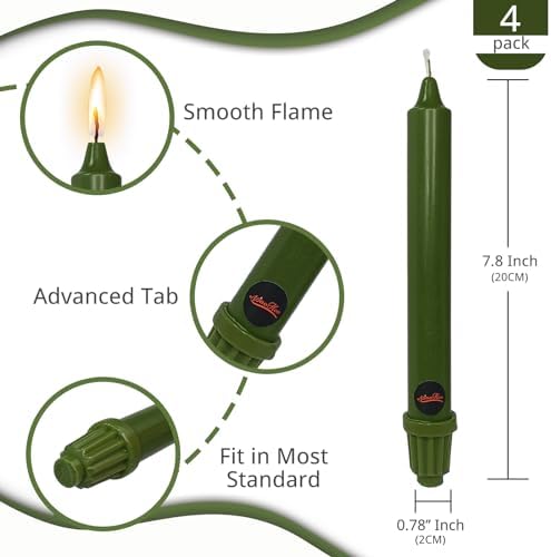 NJAO HOO Olive Green Taper Candle 8 Inch Christmas Candlesticks Unscented Dripless Handmade Candles for Home Decor Dinner New Year Party, 4 Pack