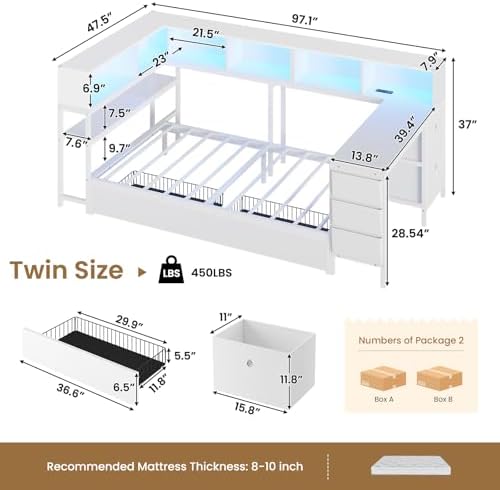 DICTAC Corner Twin Bed Frame with Desk,Charging Station and Bookcase Storage Metal Platform Bed Frame with Storage Drawers and Led Lights Twin Size Daybed with Desk and Shelves for Kids/Teen,White
