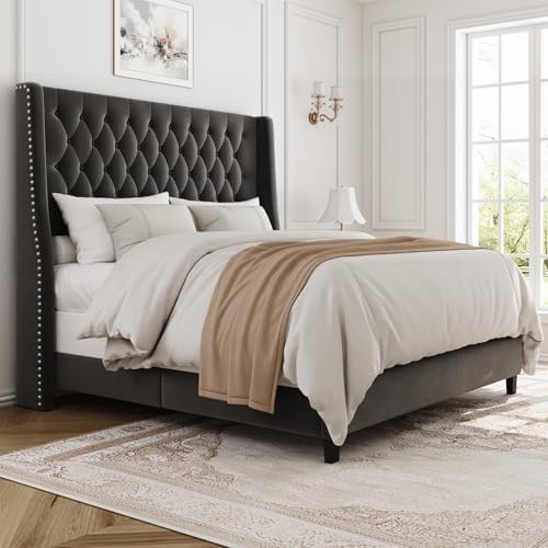 Full Upholstered Bed Frame, 55.4'' Tall Headboard with Wingback