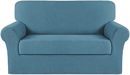 Turquoize Stretch Sofa Slipcover 2 Pieces Sofa Cover Couch Cover for 2 Cushion Couch Washable Furniture Protector Covers with Elastic Bottom Feature Thick Jacquard Fabric (Loveseat, Storm Blue)