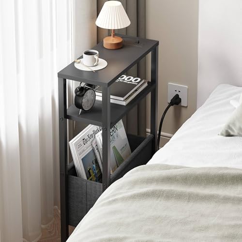Narrow Side Table with Charging Station, Slim End Table with Magazine Rack, Bedside Table for Small Spaces, 3 Tier Sofa Couch Table Nightstand for Living Room, Bedroom, Black LET503BE