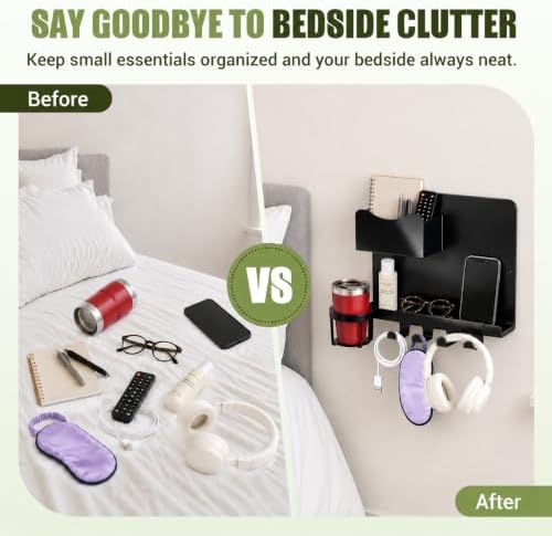 Floating Bedside Wall Shelf, Metal Wall Organizer with Detachable Cup Holde