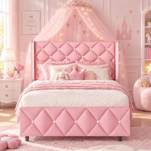 HOMBCK Twin Bed Frame with Leather Headboard, Silverside Wingback, Pink