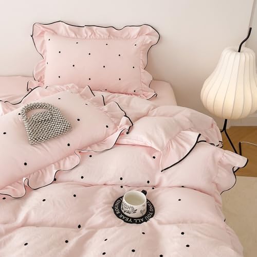 Polka Dot Duvet Cover King Size Pink Ruffle King Comforter Cover Embroidered Soft Washed Brushed Microfiber Zipper Duvet Cover Set with Corner Ties Girl Bedding Set Chic Duvet Protector