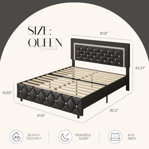 HOMBCK Queen Bed Frame with Headboard, Diamond Tufted Design, Black