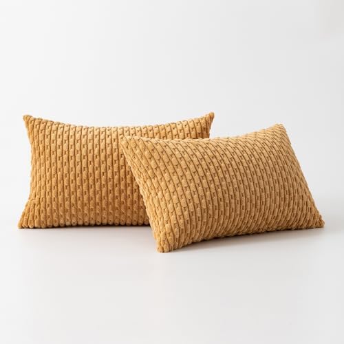 Kevin Textile Soft Corduroy 12"x20" Lumbar Pillow Covers 2 Pack, Gold