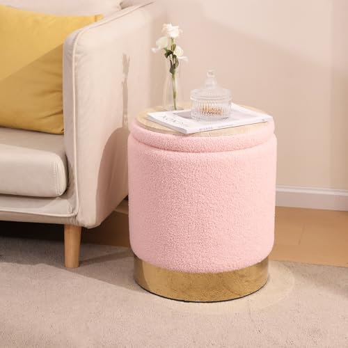 Round Ottoman with Storage Set of 2 Pink Sherpa Vanity Stool