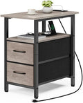 Vagusicc End Table with Charging Station, Narrow Side Table, 23.8'' Tall Nightstand with 2 Fabric Drawers, Small Sofa Side Table Narrow Nightstand for Small Spaces, Living Room, Bedroom, Rustic Grey