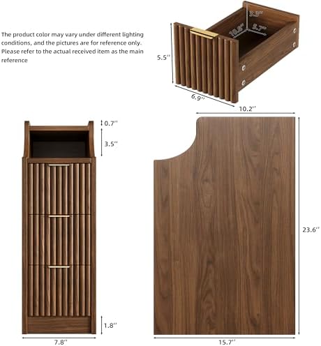 7.9" Narrow Nightstand Set of 2,23.6" Tall Fluted Bedside Table Set of 2, Slim Side End Table with 3 Drawers, Wooden Bedside Table, Mid Century Modern Night Stand for Bedroom Livingroom Sofa Office