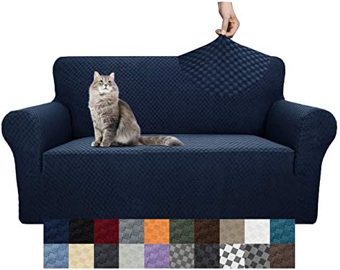 YEMYHOM Couch Cover Latest Jacquard Design High Stretch Sofa Covers for 2 Cushion Couch, Pet Dog Cat Proof Loveseat Slipcover Non Slip Magic Elastic Furniture Protector (Loveseat, Navy)