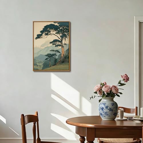 Framed Vintage Japanese Wall Art, Pine Tree Forest Canvas Print 16x24 Inch