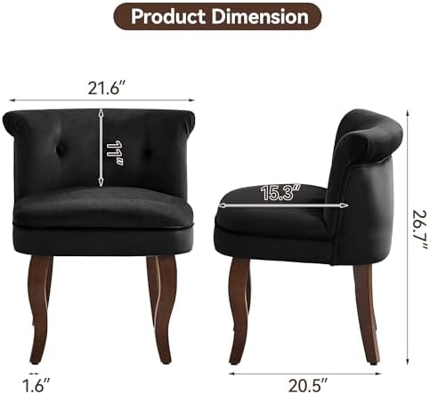 WUTUTUEE Velvet Vanity Chair with Back, Tufted Upholstered Vanity Stool with Solid Wood Legs, Mid Century Small Makeup Chair for Vanity, Accent Chair for Bedroom, Living Room, Black