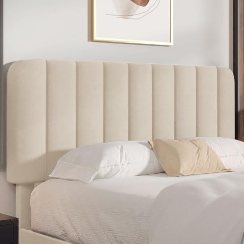 VECELO Full Size Bed Frame with Upholstered Headboard, Velvet Platform Bedframe Mattress Foundation, Strong Wood Slat Support, No Box Spring Needed,Bone Beige