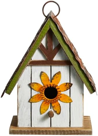 Glitzhome Bird Houses for Outside, Blue Bird Houses for Outdoors, 8.25" H Solid Wood Decorative Hanging Bird House Distressed Cottage Outdoor Garden Birdhouse with 3D Metal Roof and Flower
