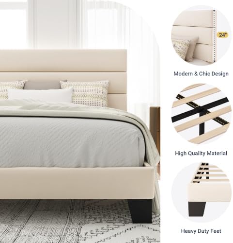 Allewie Cal King Size Platform Bed Frame with Velvet Upholstered Headboard