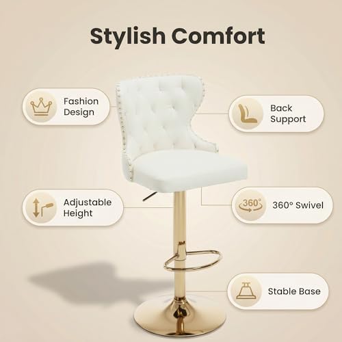 Set of 2 Adjustable Swivel Bar Stools,Faux Leather Upholstered Counter Height Chairs with Nailhead Trim, Gold Footrest, and High Back for Kitchen Island, Home Bar, Dining Room, Cafe,White