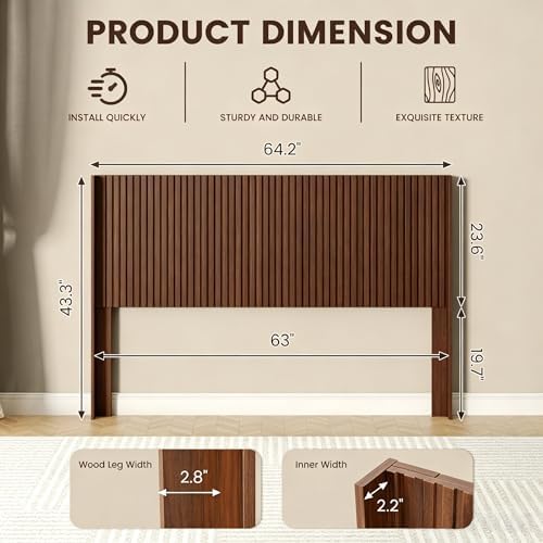 COCO DESIGN Queen Size Fluted Headboard Only, 64" Walnut Wall Mount