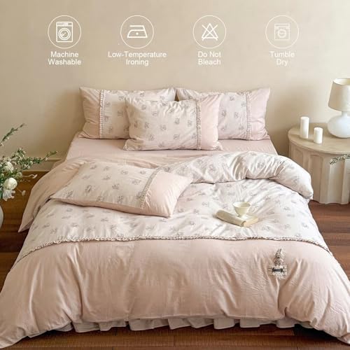 Queen Size Duvet Cover Set 3 Pcs,Cotton Linen Floral Bedding 90"×90"