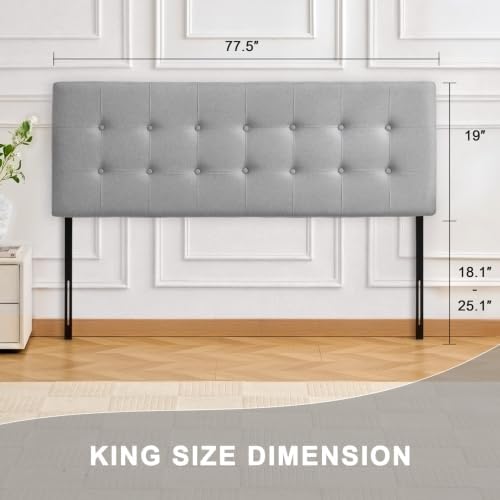 Linen Tufted Headboard King Size, Solid Wood King Headboard Only, Grey
