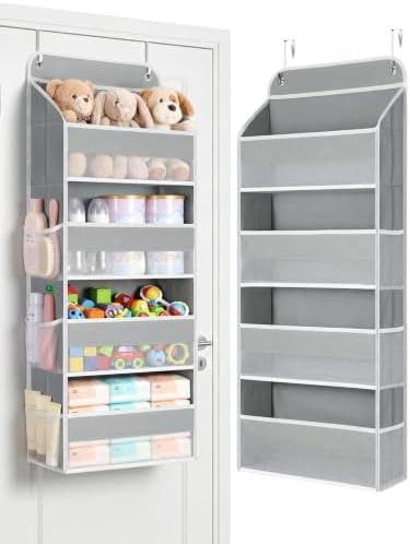 Yecaye Over the Door Organizer, Stuffed Animal Storage, Bathroom Organizers and Storage for Nursery Newborn Baby Essentials Stuff Dorm Room, Widen by 7cm, Deepen by 3cm, Grey 4 Tier Extra-Large