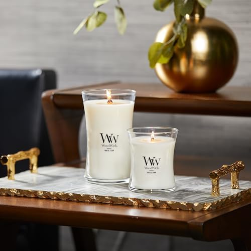 WoodWick Medium Hourglass Candle White Teak - Premium Soy Blend Wax Pluswick Innovation Wood Wick Made in USA (Pack of 4)