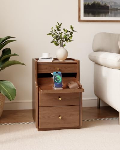 Solid Wood Narrow Nightstand with 3 Drawers,Walnut 15.7",Fully Assembled