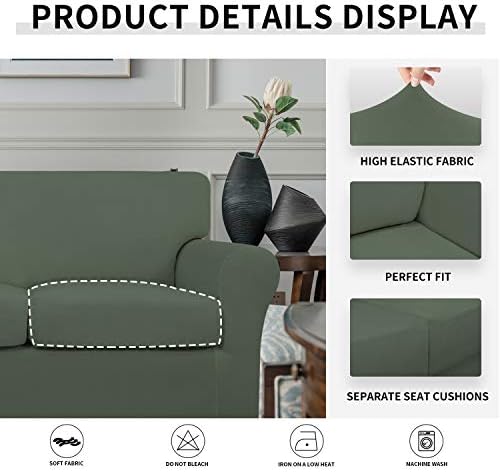 Easy-Going 3 Pieces Stretch Soft Couch Cover for Dogs - Washable Sofa Slipcover for 2 Separate Cushion Couch - Elastic Furniture Protector for Pets, Kids (Loveseat, Greyish Green, Medium)