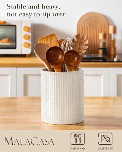 MALACASA LYDIA Ceramic Utensil Holder, 7.3"+5.5" Kitchen Utensil Crock Set for Countertop, Large & Small Utensil Organizers for Cooking Tools, Rhombus Pattern