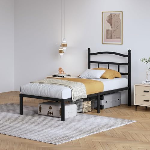 14 Inch Metal Bed Frame - Twin Size Heavy Duty Bedframe with Headboard Black Basic Steel Slats Platform No Box Spring Needed/Easy Assembly/Noise Free