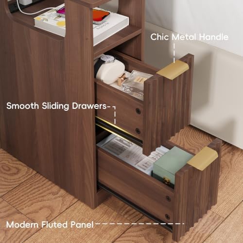 JUSTOGO Narrow Nightstand Set of 2, Fluted End Table with Charging Station