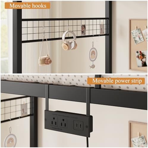 Bunk Bed Twin Over Twin with Desk, L-Shaped Loft Beds with Charging Station, 3 Storage Drawers & Shelves, Bunk Beds with Safety Guardrail & Ladder for Kids/Teens, No Box Spring Needed, Black