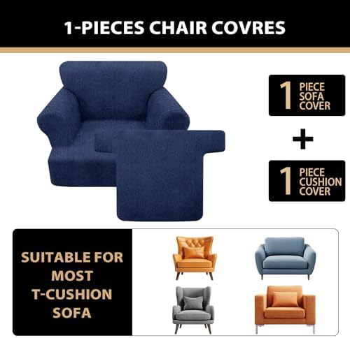 Sofa Cover 2 Pieces T Cushion Chair Covers with Arms Super Stretch Chair Slipcover for Living Room,Slip Cover Anti Slip Armchair Furniture Protector Pet Universal(Navy, 1 Cushion)