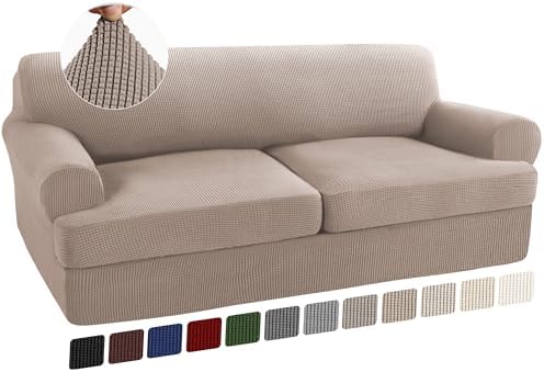 Turquoize 3 Piece T Cushion Sofa Slipcovers Stretch Couch Cover Furniture Covers with 2 Individual T Cushion Covers, Machine Washable (2 Cushion Sofa, Sand)